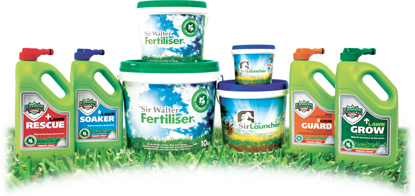 Lawn Lovers and Sir Walter Products - Lawn Rescue, Lawn Soaker, Sir Walter Premium Lawn Fertiliser, Sir Launcher, Grub Guard and Lawn Grow.